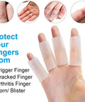Hand wearing Gel Finger Sleeves 8 Pack For Arthritis And Trigger Finger Pain Silicone Thumb Tubes Finger Protectors