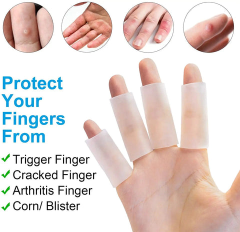 Hand wearing Gel Finger Sleeves 8 Pack For Arthritis And Trigger Finger Pain Silicone Thumb Tubes Finger Protectors