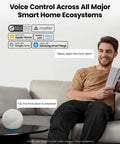 Person using voice control with smart home device to unlock front door via Alexa, displaying compatibility icons on a couch