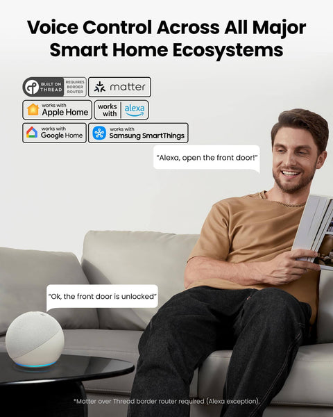 Person using voice control with smart home device to unlock front door via Alexa, displaying compatibility icons on a couch