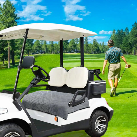 White golf cart on a course featuring Plush Golf Cart Seat Covers With Thickened Plush Seat Towel Blanket And Non Slip Backing