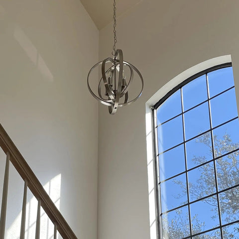 Open Globe Chandelier 21 Inch 4-Light Modern Sphere Orb Pendant In Brushed Nickel Finish hanging in an entryway with window view