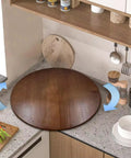 24 Inch Round Wooden Lazy Susan Turntable For Kitchen Cabinet Storage And Spicy Condiments, Pinewood Rotating Tray on counter