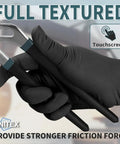 Heavy Duty Black Nitrile Disposable Gloves 5 Mil Ultra Thick Latex Free with snug fit, holding tools for improved grip.