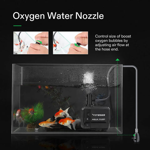 VIVOSUN submersible aquarium water pump, black plastic with power cord inside a fish tank