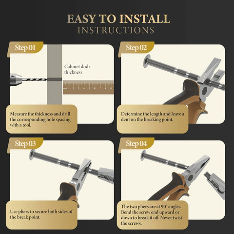 Installation instructions for Gold 5 Inch Square Cabinet Handles 6 Pack Zinc Alloy Drawer Pulls, showing step-by-step guide with tools.
