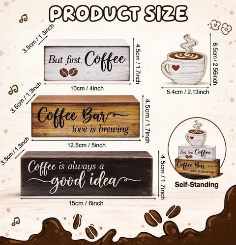 4 Piece Wooden Coffee Bar Decor Set With Rustic Signs For Tiered Tray Farmhouse Coffee Station Table Centerpiece dimensions