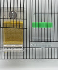Heavy Duty Automatic Bird Feeder And Water Dispenser Cage Combo showing seed storage and water tank on cage with clear perch.