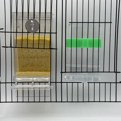 Heavy Duty Automatic Bird Feeder And Water Dispenser Cage Combo showing seed storage and water tank on cage with clear perch.