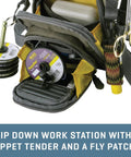 Micro Fly Fishing Chest Pack With Front Workstation And Tippet Spool Holder, open view showing compartments and tools, Green