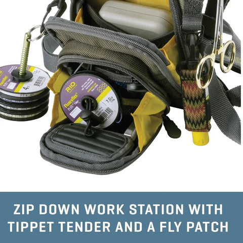 Micro Fly Fishing Chest Pack With Front Workstation And Tippet Spool Holder, open view showing compartments and tools, Green