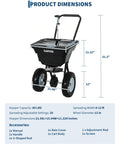 80 Lb Capacity Push Broadcast Spreader With 12 Ft Spread Width And 13 In All Terrain Wheels shown with product dimensions.