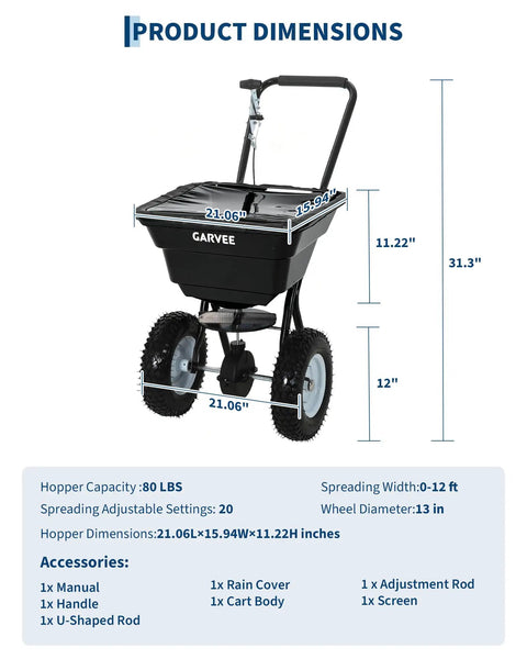 80 Lb Capacity Push Broadcast Spreader With 12 Ft Spread Width And 13 In All Terrain Wheels shown with product dimensions.