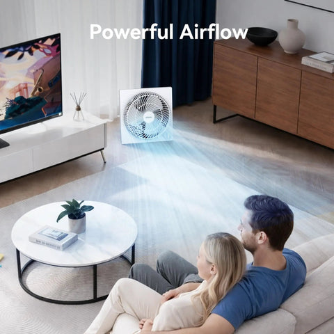 9 Inch Frameless Box Fan With 3 Speed Settings, Lightweight ABS Housing, ETL Listed in living room providing cooling