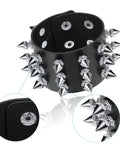 Six Piece Punk Leather Bracelet Set Featuring Hardcore Spikes Mixed Metal Studs Black Cuff Bands with silver spikes close-up view.