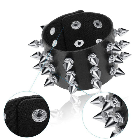 Six Piece Punk Leather Bracelet Set Featuring Hardcore Spikes Mixed Metal Studs Black Cuff Bands with silver spikes close-up view.