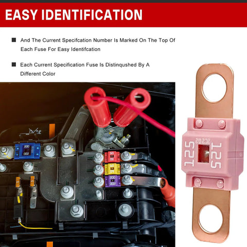 Three Piece Midi Fuse Assortment Featuring 125 Amp High Current Copper Plated Bolt On Battery Fuses For Cars Trucks And Heavy Gear With Hella Tough Road Ready Protection showing color-coded fuses for easy identification.
