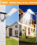 Solar Powered Outdoor Street Light With Remote Control, 18000 Lumens Daylight White LED Flood Light illuminating yard and street