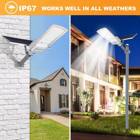 Solar Powered Outdoor Street Light With Remote Control, 18000 Lumens Daylight White LED Flood Light illuminating yard and street