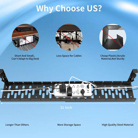 Comparison chart and close-up of 31-inch extendable under desk cable tray with clamp mount showing spacious metal design for office use.