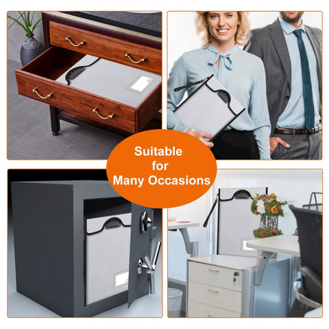 Go-To Fireproof Document Safe With Lock 5200F inside drawers, safe, and held by person, highlighting versatility and portability.