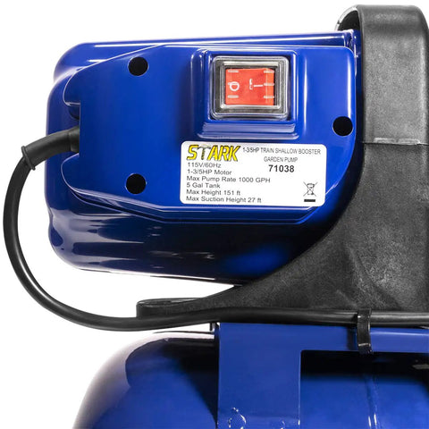 Side view of One Point Six HP Shallow Well Pump Booster System With Tank For Home Garden Lawn Farm Irrigation, blue casing