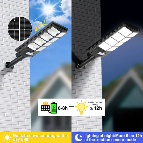 Ultra Bright Solar Street Lights Outdoor Waterproof 6500K 10000LM Flood Lights With 448 LEDs Dusk To Dawn Wide Angle Motion Sensor Remote Control For Yard Parking Lot Area Lighting 2 Pack