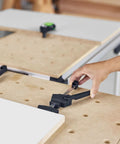 Clamping Elements 2 Pack for Precise Workpiece Fixing in Woodworking on a perforated workbench with hand adjusting clamp
