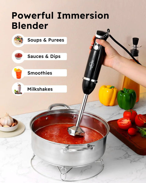 Immersion Hand Blender All In One Electric Stick Blender With Whisk And Milk Frother Attachments 400W Stainless Steel Blades Black blending sauce in pot