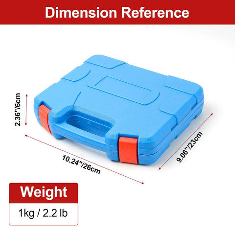 Blue case for Pro Grade 19-Piece Hole Saw Set With Sizes From 3/4 Inch To 6 Inch Carbon Steel Blades, dimensions shown.