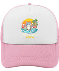 Front view of Pink Lightweight Mens Beach Cap With Adjustable Buckle showing Meowmi Beach design on white front panel