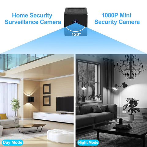 Ultra Compact Wireless Mini Camera 1080P HD Tiny Spy Cam with Night Vision demonstrating day and night surveillance modes.
