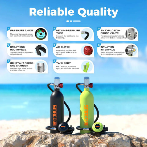 Portable 1L Mini Scuba Tank With Regulator And Pressure Gauge For Underwater Breathing Snorkeling And Emergency Rescue Gear on beach.