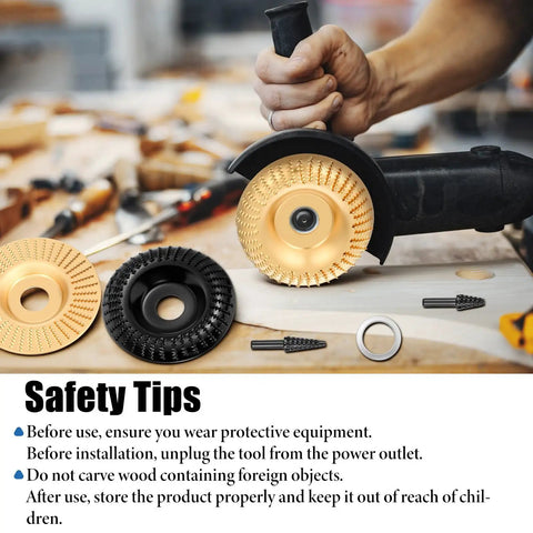 Wood Carving Disc Set For Angle Grinders, 14-Piece Kit with rotary burrs displayed next to an angle grinder