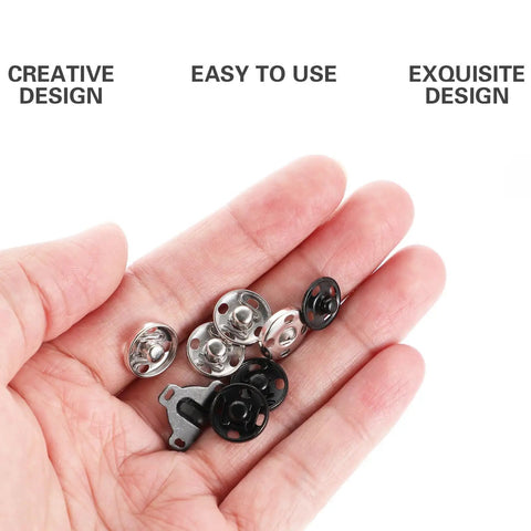 100Pcs Brass Snap Fasteners Garment Accessories Kit For Sewing Projects And DIY Clothing Repairs Including Pant Hooks And Trouser Fasteners Durable Button Snaps, assorted snaps in hand