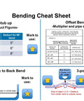 Conduit bending cheat sheet with formulas and measurements for pipe angles and marks, featuring a ductile iron bender diagram.