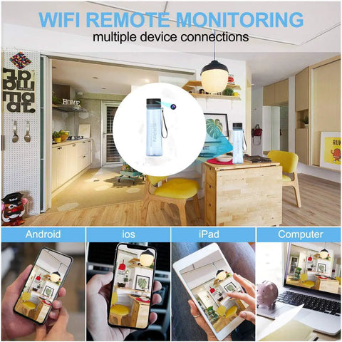 Stealthy Hidden Spy Camera Water Bottle HD 1080P Portable WiFi Cam With Phone App Remote Viewing shows kitchen scene
