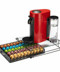 VertuoLine Capsule Drawer Organizer With Glass Front Holds 50 Pods In Five Rows Of Ten with coffee machine on top