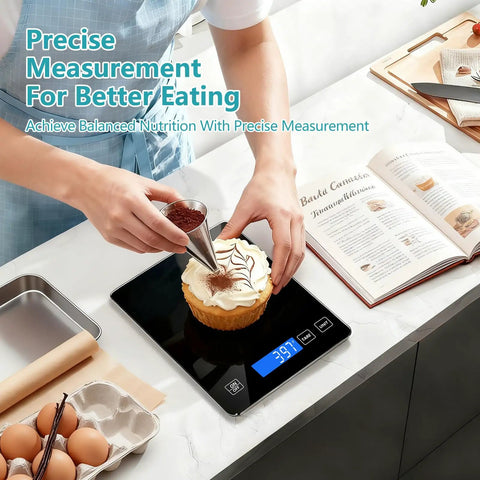 Person using Digital Kitchen Scale For Precise Measurements In Grams And Ounces, Rechargeable 33 Pound 15 Kilogram Capacity, 304 Steel Surface, Black, for baking