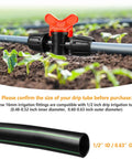 Half Inch Drip Irrigation Fittings Kit valve in garden soil with barbed locking nuts, 1/2 inch tubing, and visible plant sprouts