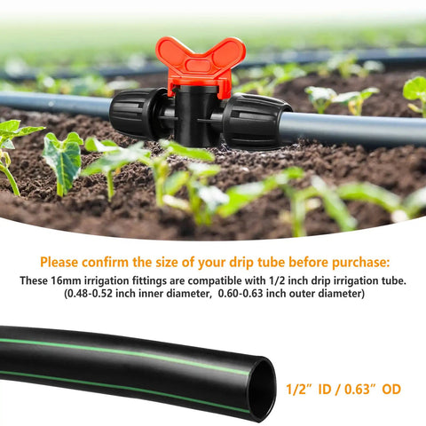 Half Inch Drip Irrigation Fittings Kit valve in garden soil with barbed locking nuts, 1/2 inch tubing, and visible plant sprouts