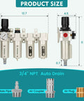 Three Quarter Inch NPT Industrial Air Dryer For Compressors With Four Stage Water Separator System Auto Drain And Oil Water Separator Dryer For Plasma Cutters And Paint Sprayers, showing dimensions and components including male pipe, air coupler, and air plug.