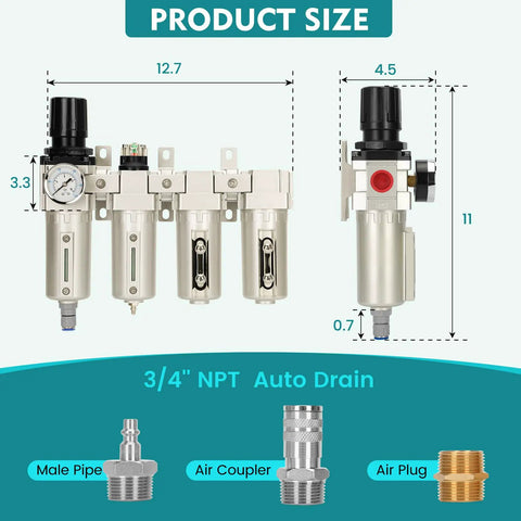 Three Quarter Inch NPT Industrial Air Dryer For Compressors With Four Stage Water Separator System Auto Drain And Oil Water Separator Dryer For Plasma Cutters And Paint Sprayers, showing dimensions and components including male pipe, air coupler, and air plug.