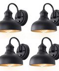 4 Pack Dusk To Dawn Gooseneck Barn Lights With Wall Mount, 7 Inch Exterior Black Sconce With Gold Interior For Farmhouse Porch Or House Exterior, Energy Saving Photocell Sensor Outdoor Lighting in a set of four, showcasing side and front view.
