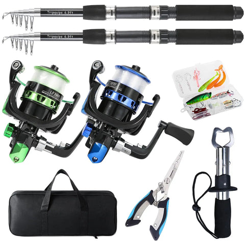 Two Piece Telescopic Fishing Rod And Reel Combo With Pliers And Lip Gripper Preloaded Spinning Reel Includes Carrier Bag Blue And Green