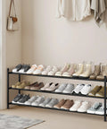 Expandable 3 Tier Metal Shoe Rack Holds 12 To 18 Pairs Freestanding Stackable Organizer For Closet, Entryway, Hallway, Or Garage With Adjustable Width From 33.3 To 47.5 Inches And Easy Assembly Perfect Space Saver in use.