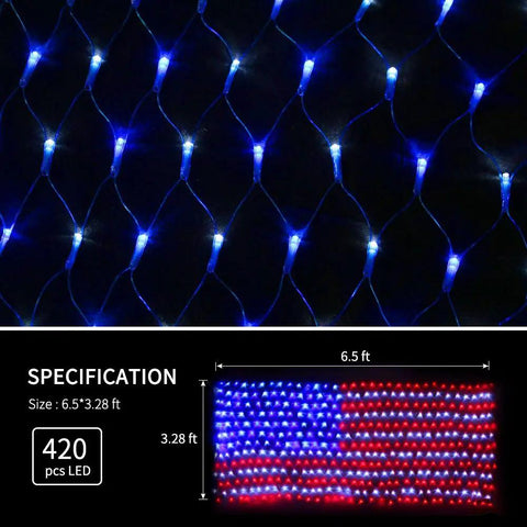 Image showing specification of Patriotic LED Flag Net Lights For Outdoor Decor Waterproof American Flag String Light with 420 LEDs.