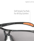 Soft temple tip pads on Crazy Light Safety Glasses With Floating Lens Metallic Black Frame And Gray Lens Uvextreme Anti Fog Coating.