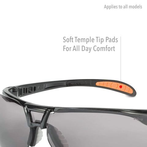 Soft temple tip pads on Crazy Light Safety Glasses With Floating Lens Metallic Black Frame And Gray Lens Uvextreme Anti Fog Coating.