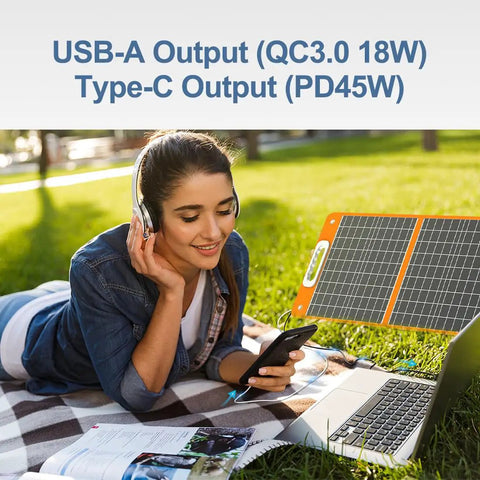 Woman using portable solar generator with 60 watt panel and 230 Wh LifePo4 battery for charging devices outdoors.
